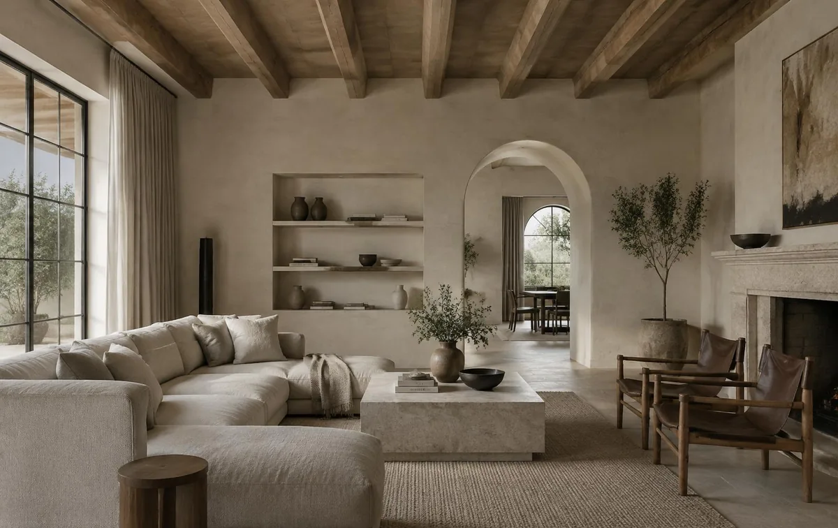 Calm living room with limestone walls, oak beams, linen sofa and an arched doorway