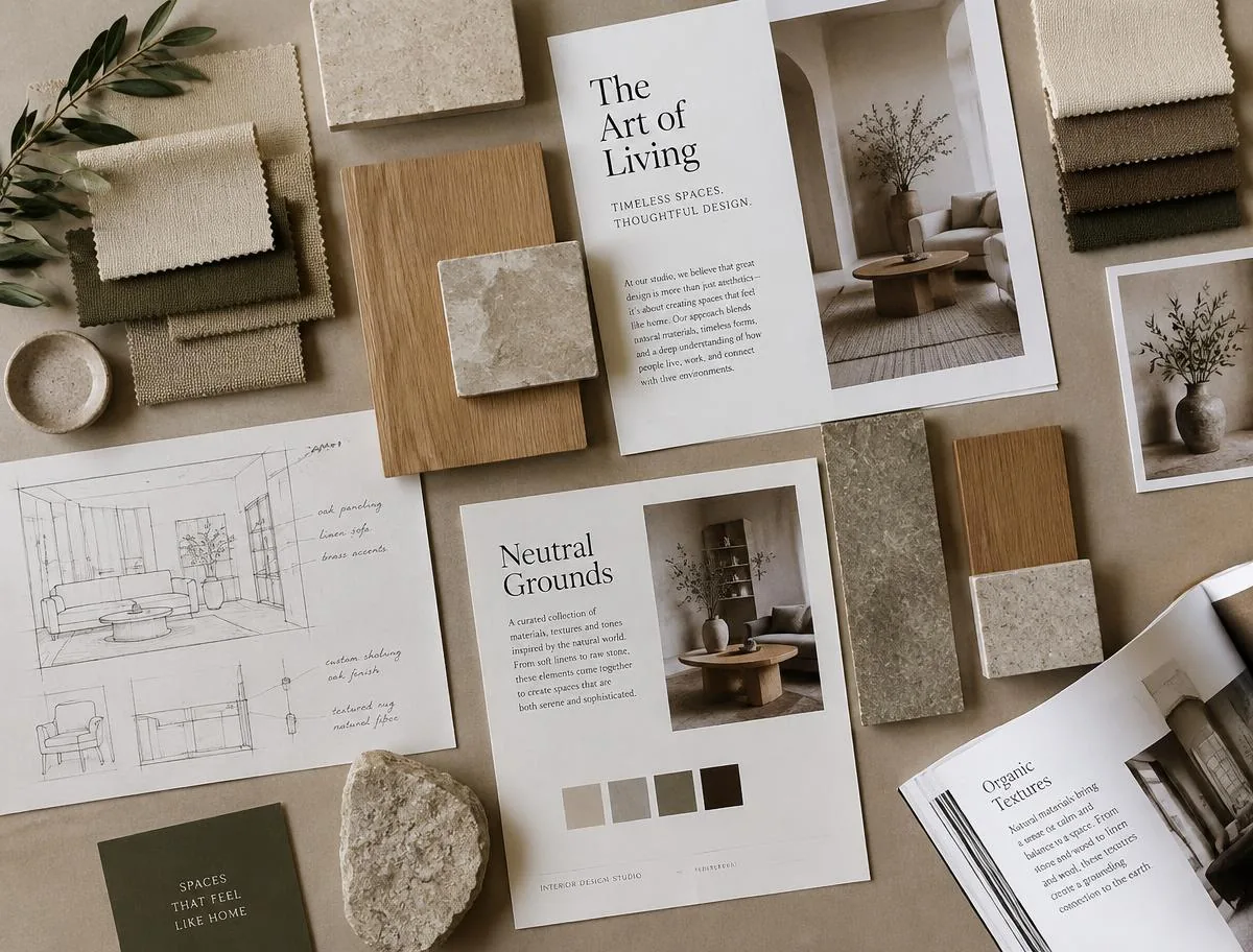 Mood board with fabric swatches, stone and oak samples, sketches and editorial print layouts