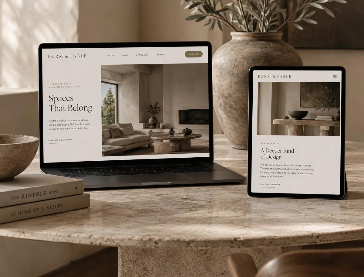 Laptop and tablet showing the FORM & FABLE editorial website on a travertine table