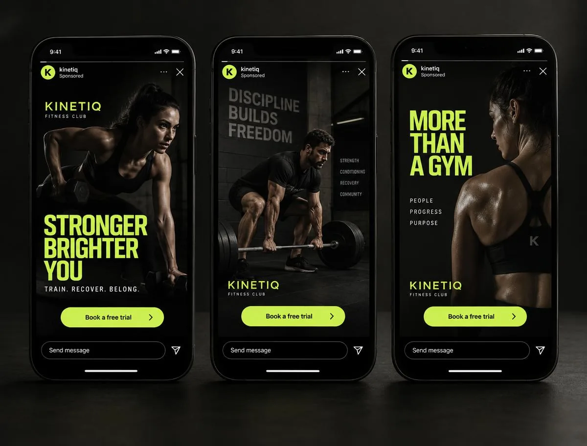 Three phones showing black and lime KINETIQ story ads with a Book a free trial button