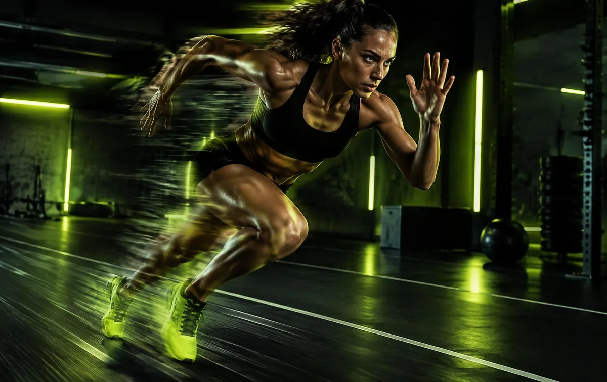Athlete sprinting in a dark gym lit by electric lime neon lights