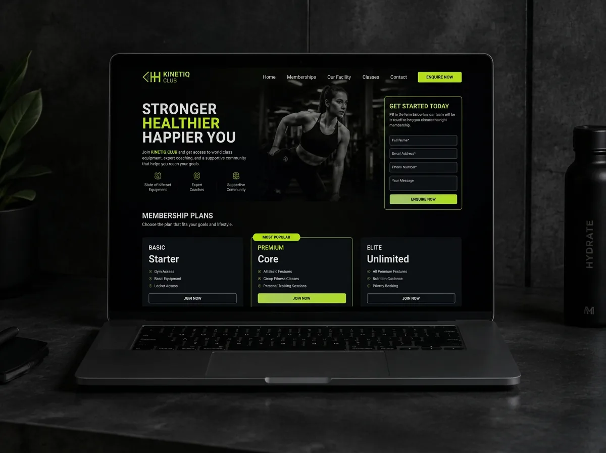 Laptop showing a black and lime KINETIQ membership landing page with an enquiry form