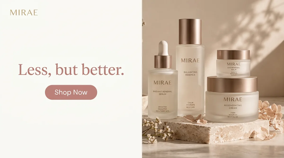 Facebook ad: headline Less, but better. with a Shop Now button beside the MIRAE product range on stone