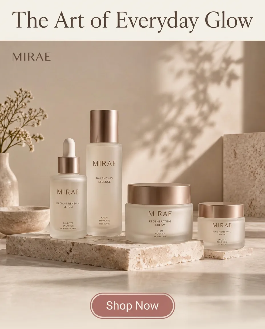 Instagram feed ad: MIRAE serum, essence and creams on travertine with the headline The Art of Everyday Glow and a Shop Now button