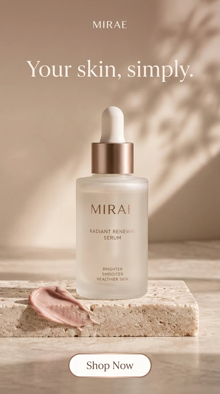 Instagram story ad: a single MIRAE serum bottle on travertine with the headline Your skin, simply. and a Shop Now button