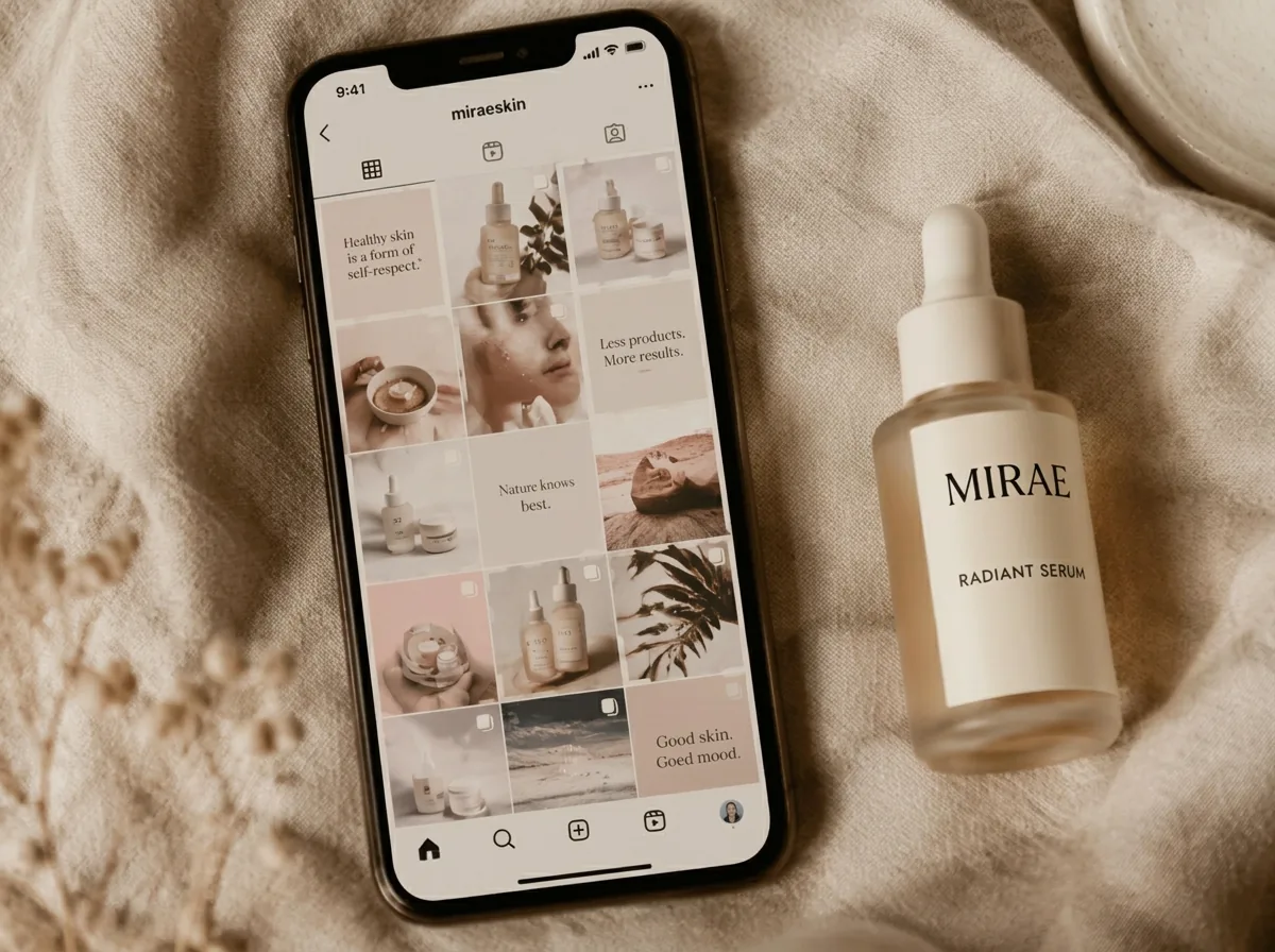 Phone showing a soft beige MIRAE Instagram grid next to a serum bottle