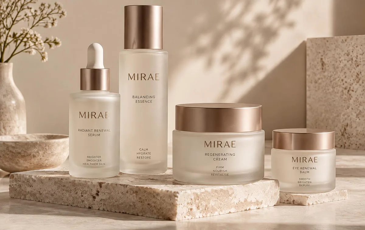 Frosted glass MIRAE skincare bottles and jars on travertine stone in soft beige light