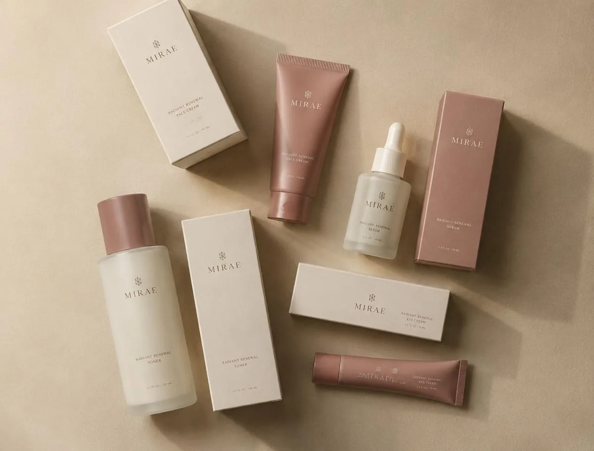 MIRAE packaging concepts: boxes, tubes and dropper bottles in warm white and muted rose
