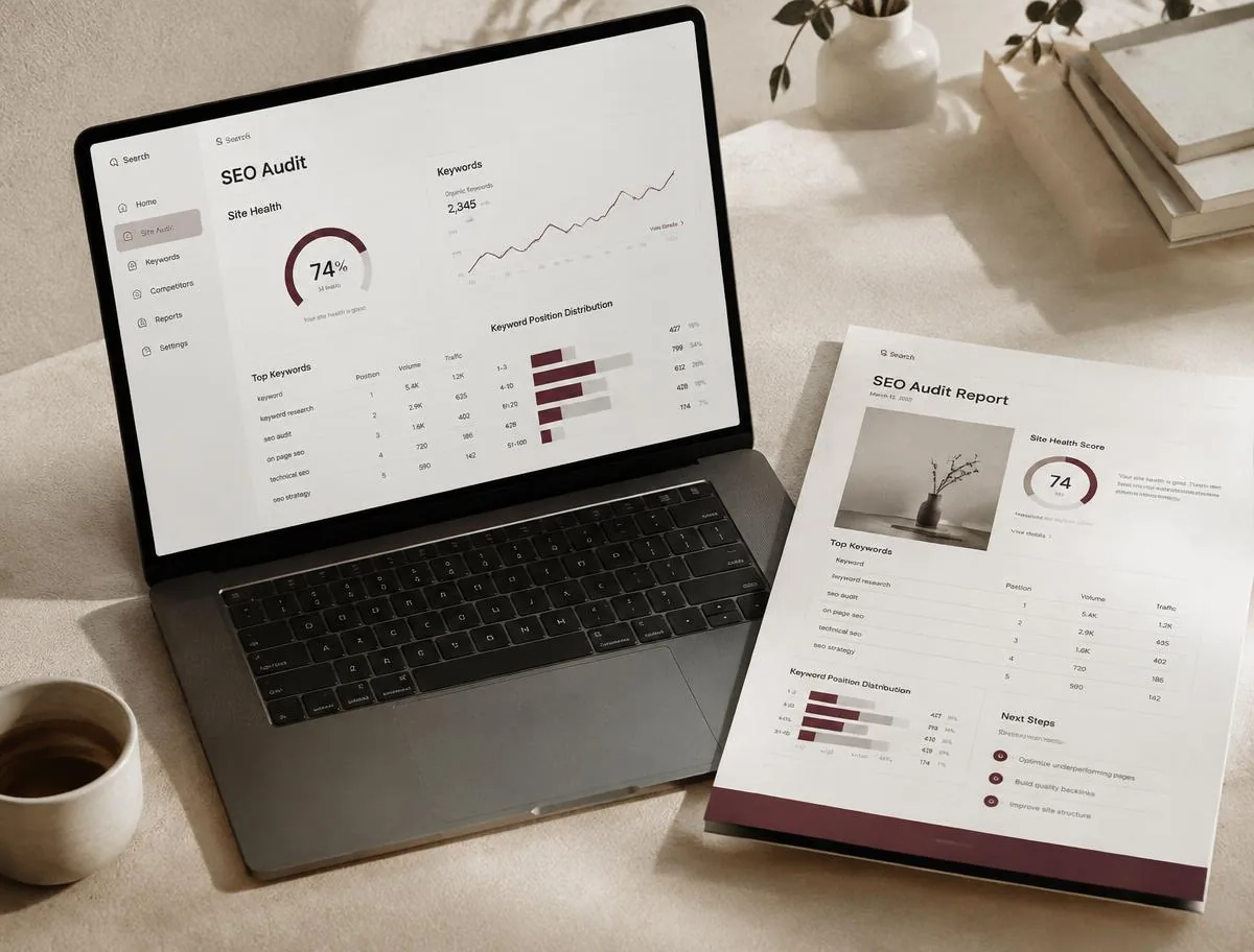 Laptop and printed report showing an SEO audit dashboard with sample keyword charts