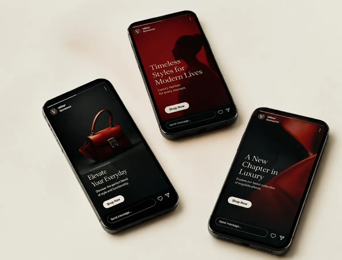 Three smartphones showing sample burgundy and black Instagram story ad creatives