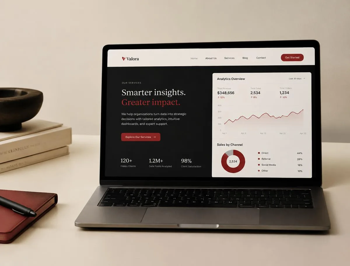 Laptop displaying a premium business website concept with an analytics panel